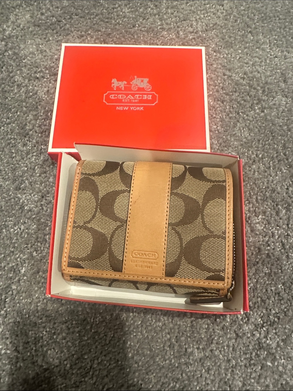 Coach Brown Signature Canvas Card Holder with Tan Leather Trim